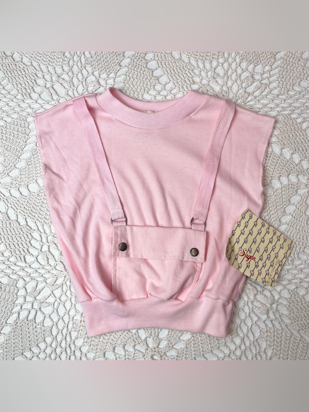 Vintage 1990s Sugar By NY Kids Girls 5 Suspender Pocket Sleeveless Pink Shirt